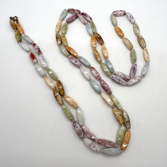 Estate Jewelry - Vintage Multi-Color Glass Beaded Necklace 50" Hand Knotted With Spring Clasp